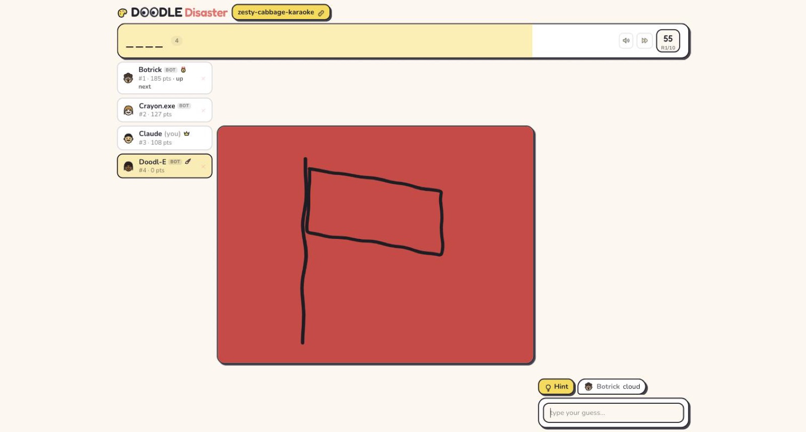 Half-drawn flag on the shared canvas beside a guess bubble and the hint button