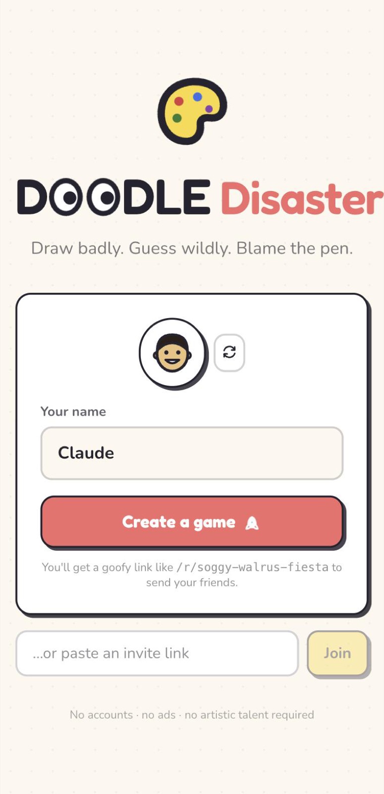 Phone-width home screen with the palette logo, name field and create button