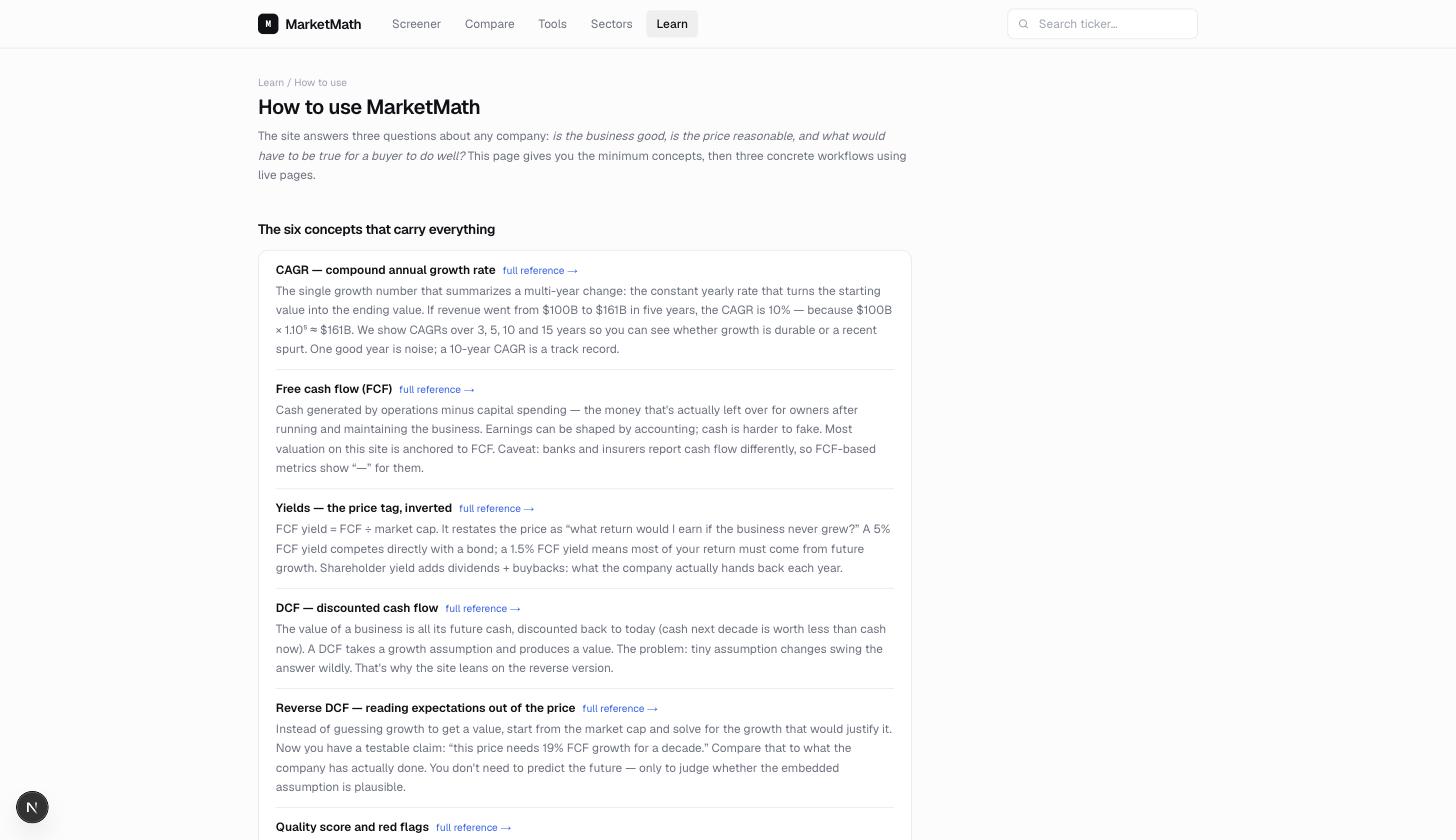 How-to-use walkthrough explaining the screener presets and the order to read a company page