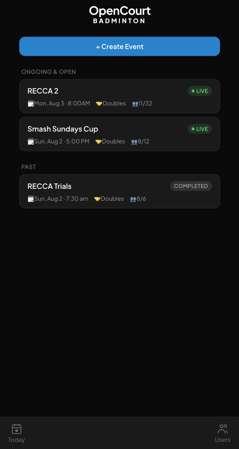 Events list showing two live doubles tournaments and one completed event below