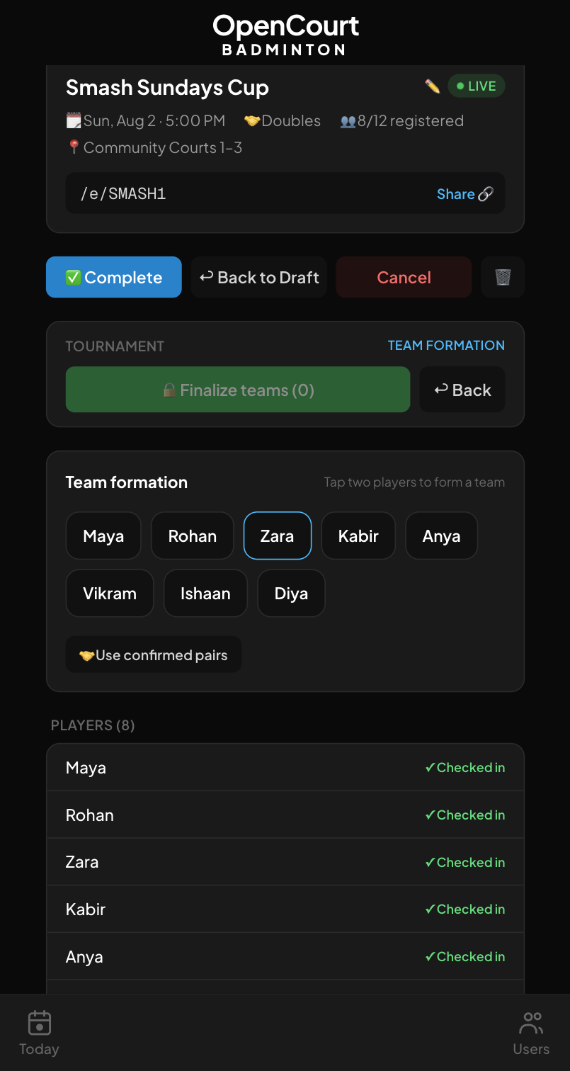 Team formation screen with eight checked-in player chips and a confirmed-pairs button