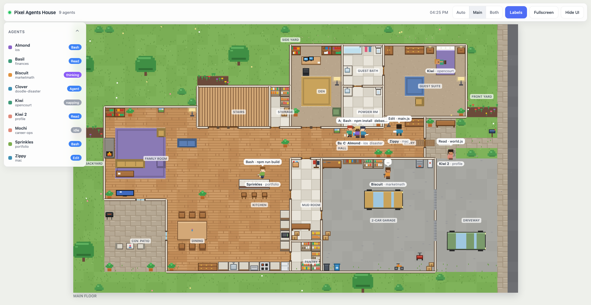 Main floor of the house with agents doing chores and room labels on