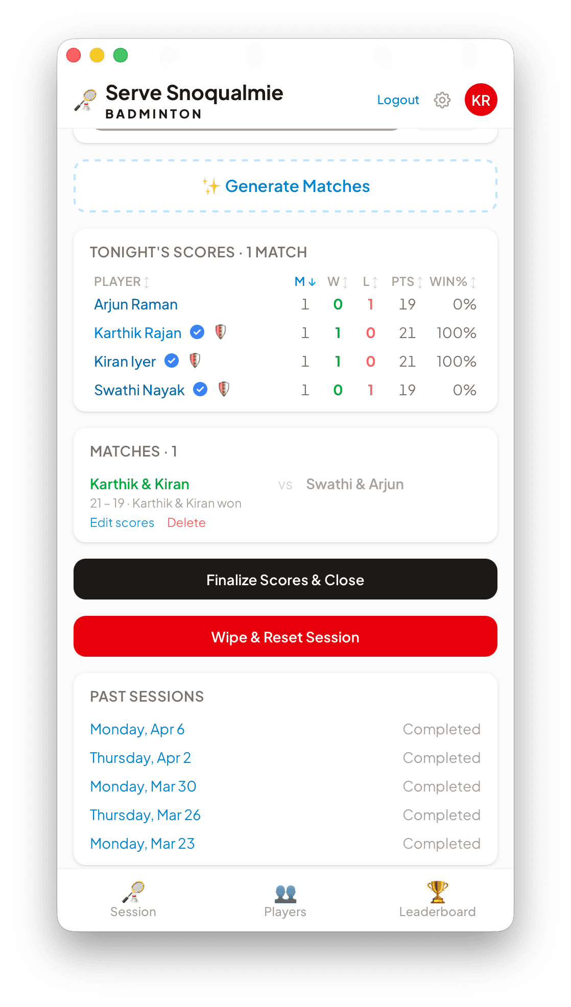 Live session scoreboard showing four players, one recorded match and past session links