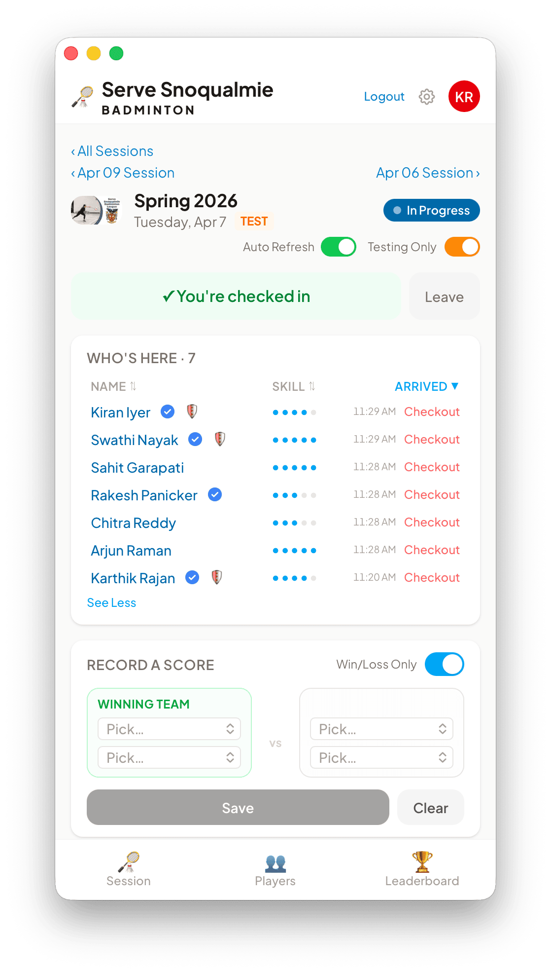 Active session with a checked-in banner, the Who's Here list and the score entry form