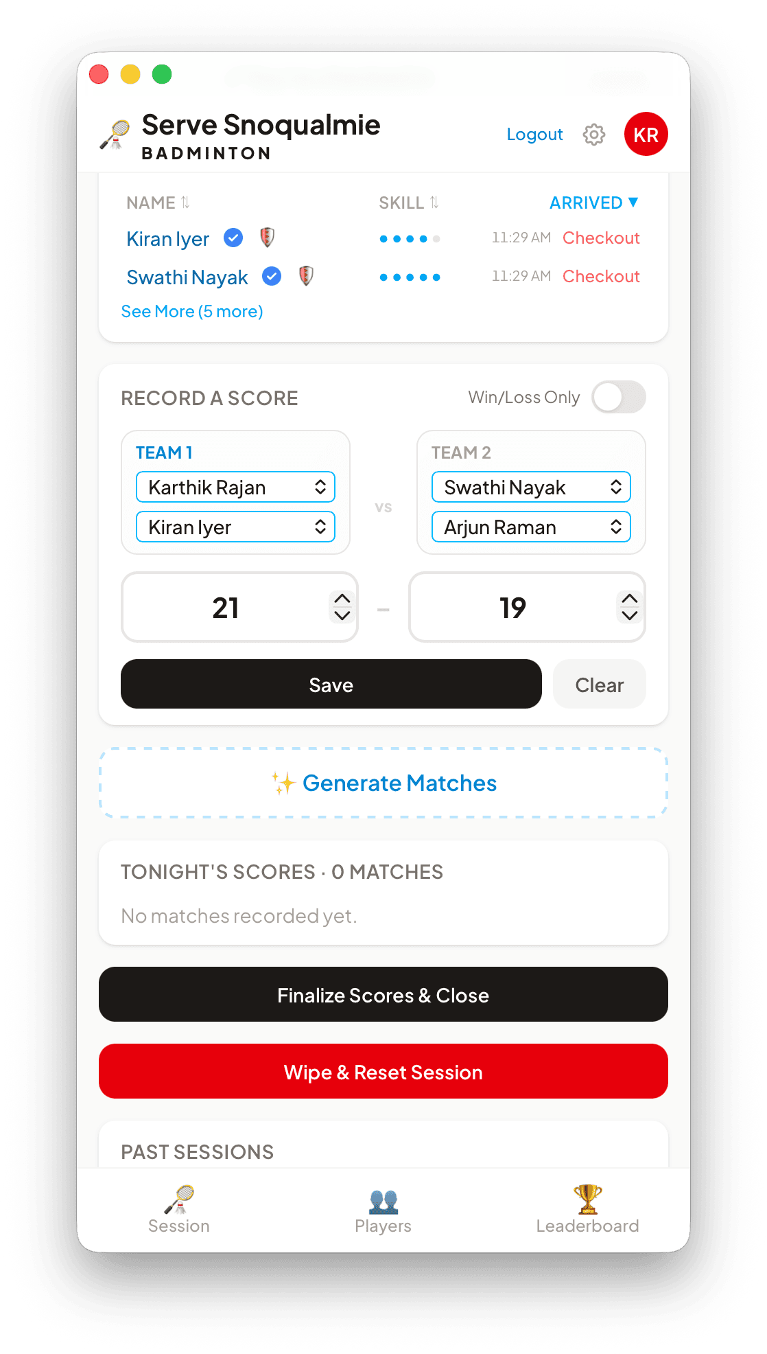 Score entry form with two teams, a twenty-one to nineteen result and Generate Matches