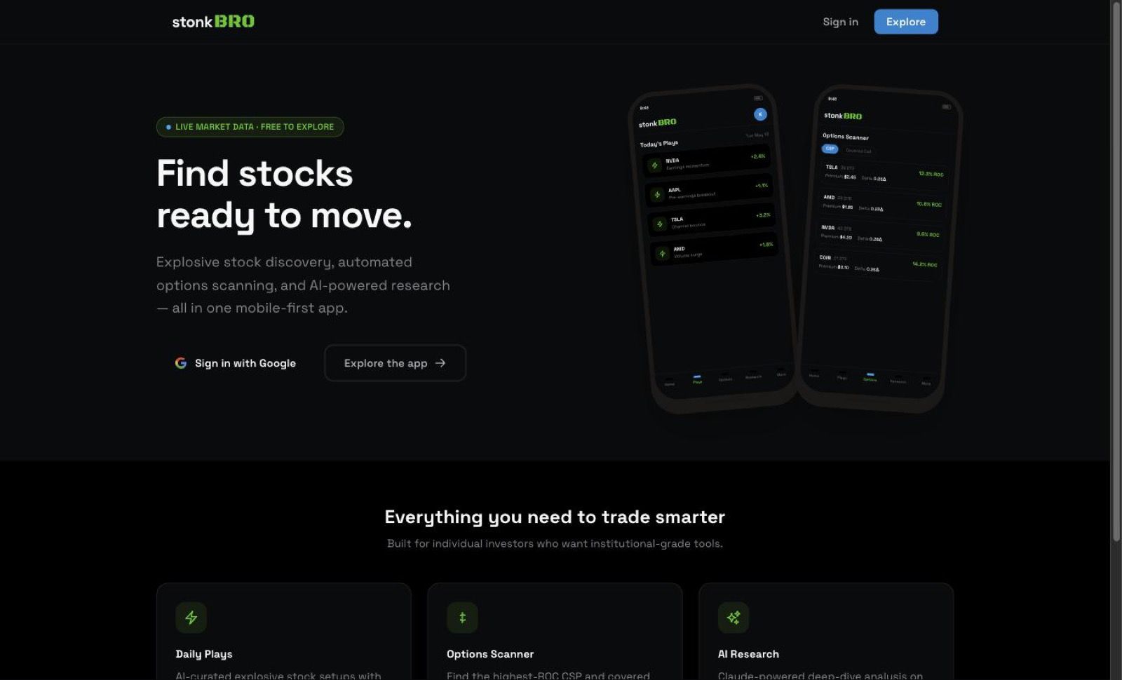 Signed-out landing page reading Find stocks ready to move beside two phone screens