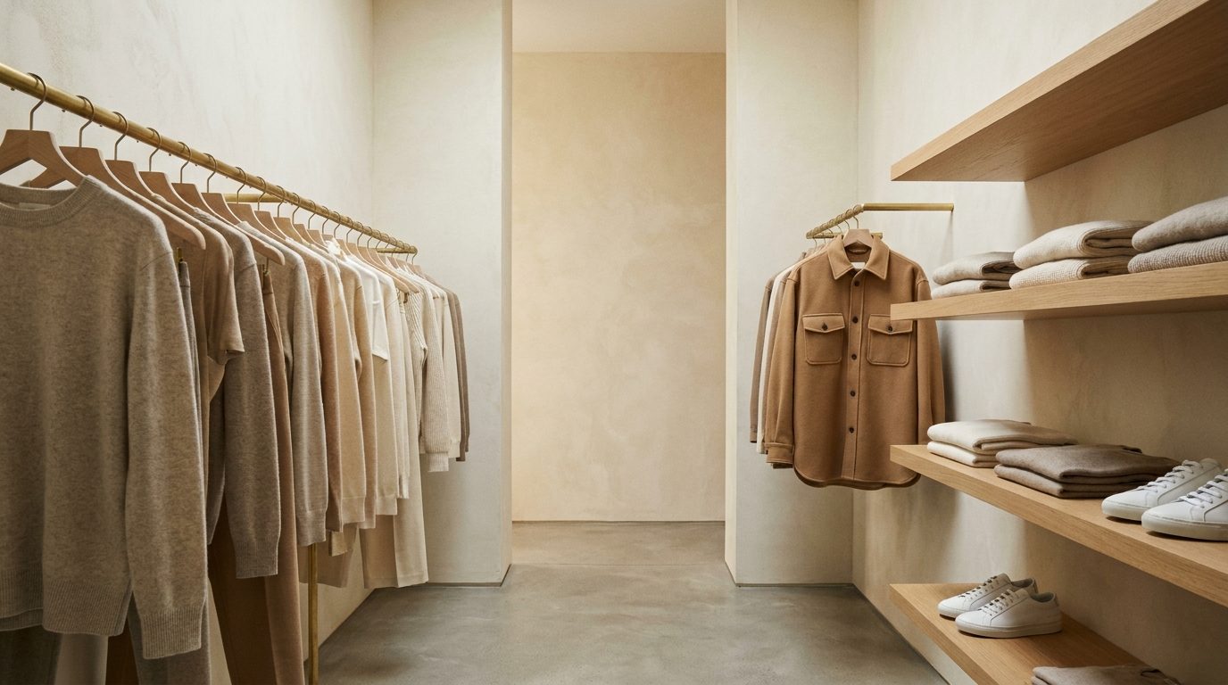 A neutral walk-in closet: knitwear on a brass rail, a camel overshirt, folded stacks and white sneakers.