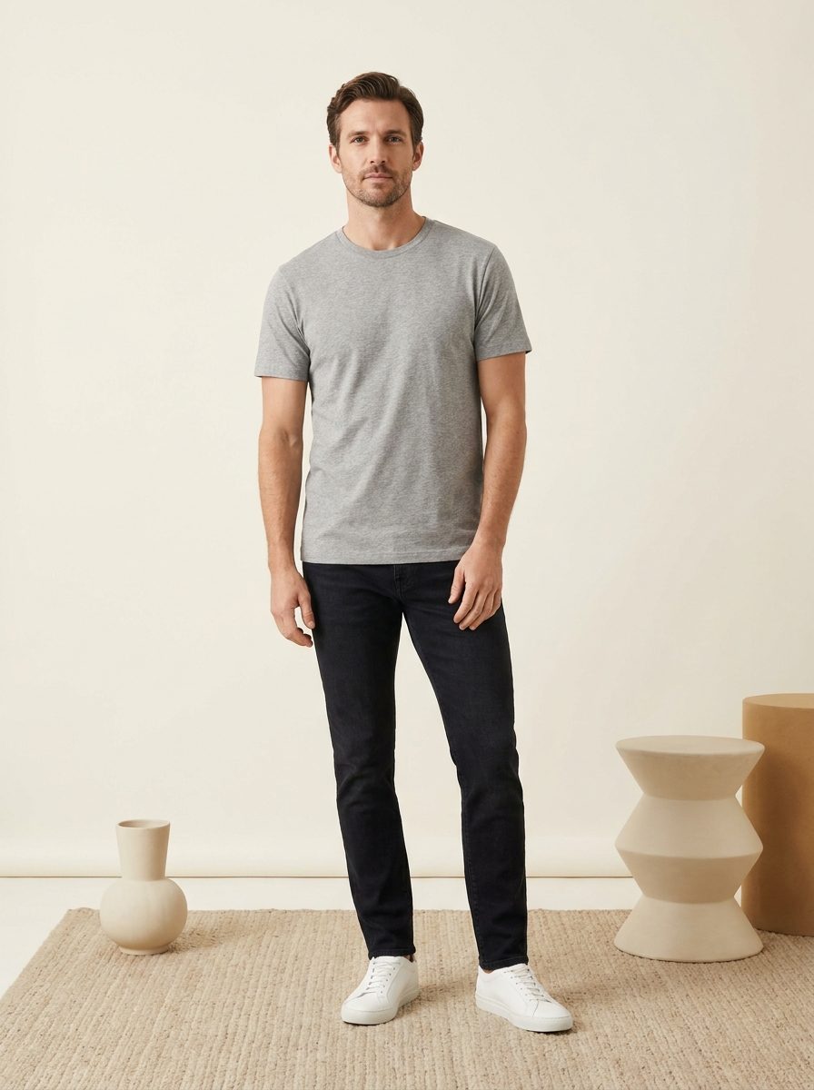 A full-body studio render of a man in a grey tee, dark jeans and white sneakers.