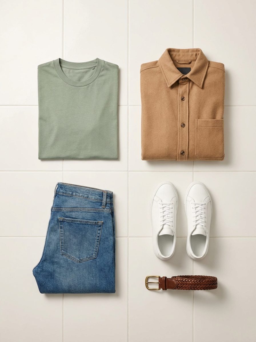 Flat-lay of catalogued pieces: sage tee, camel overshirt, folded jeans, white sneakers, braided belt.