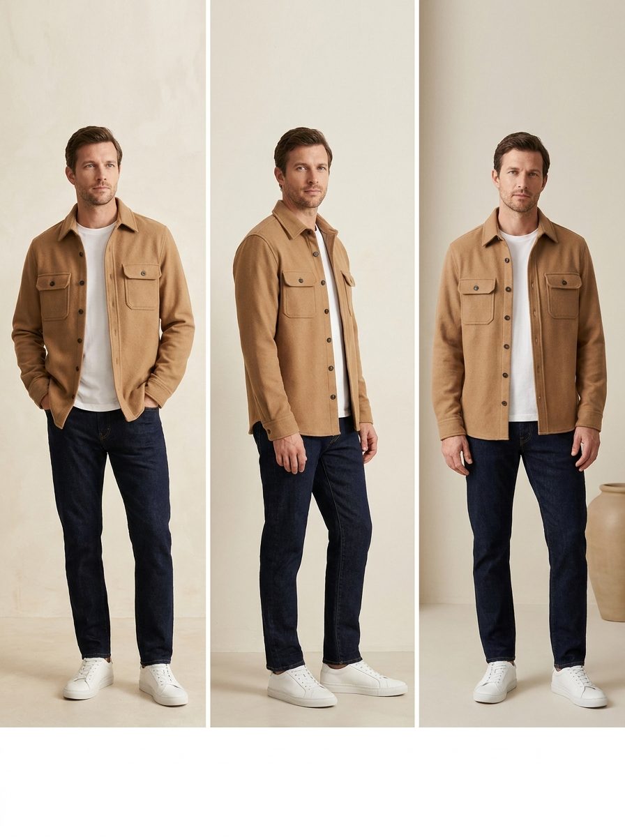 Three renders of the same person in a camel overshirt, white tee and dark jeans, from different angles.