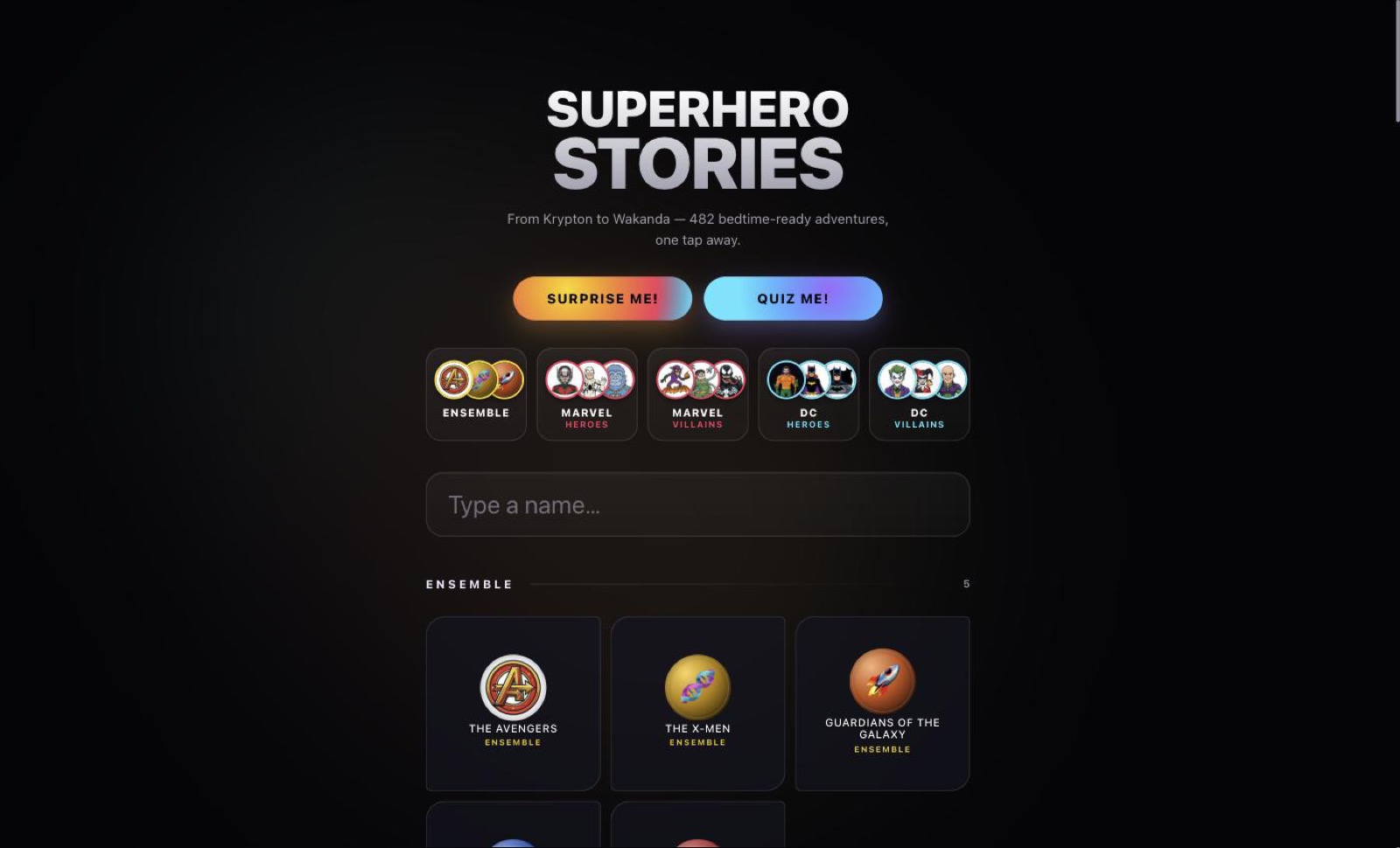 Superhero Stories home screen with universe tiles, a search box and the ensemble character grid