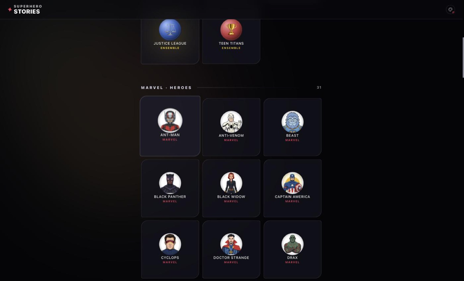 Marvel heroes browse grid showing thirty-one character tiles, each with an avatar and label