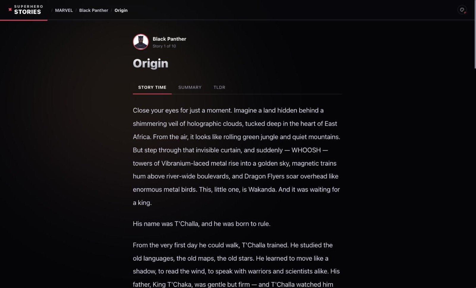 Black Panther origin story open on the Story Time tab, marked story one of ten