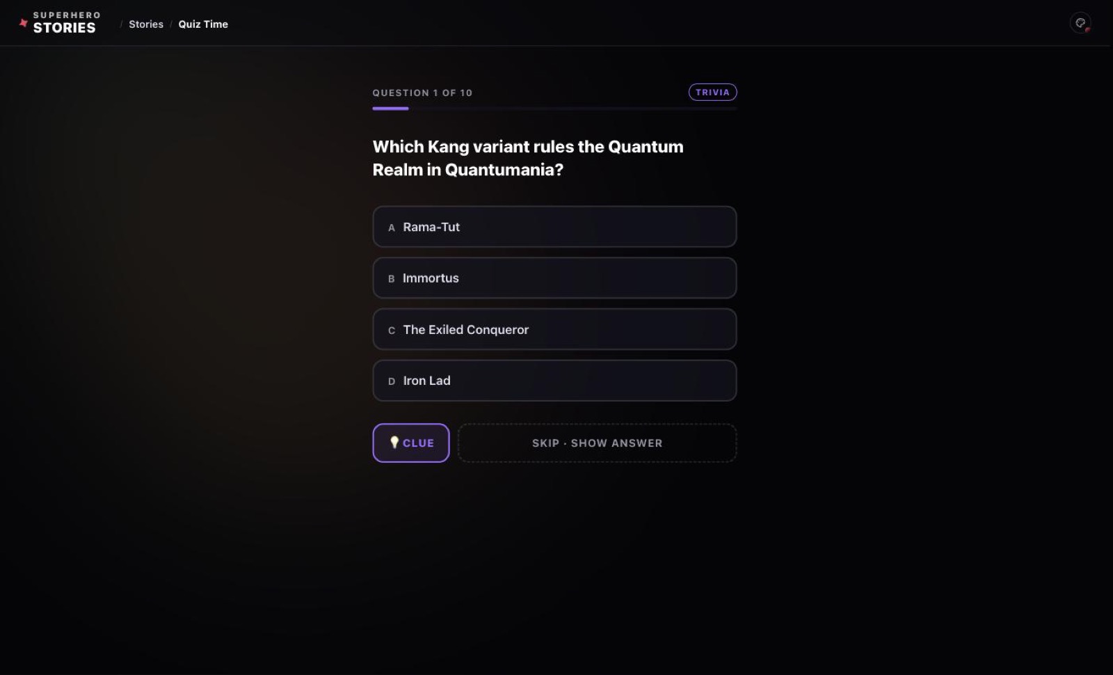 Quiz question one of ten with four multiple choice answers, a clue button and skip