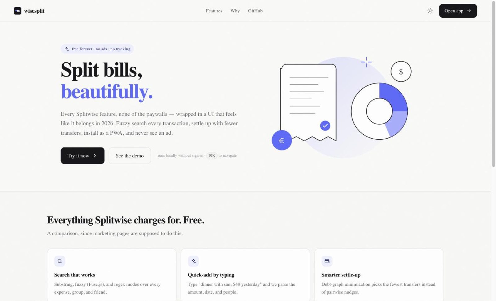 Wise Split home page with the split bills headline and a receipt and donut illustration