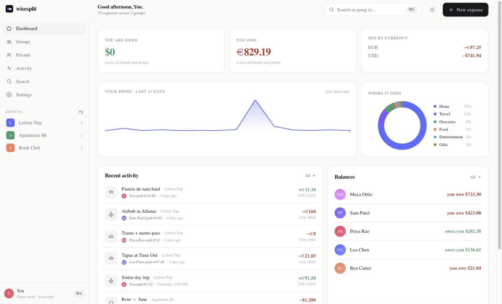 Demo dashboard showing amounts owed, net balances by currency, a spend chart and recent activity